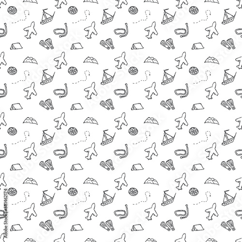 Summer seamless pattern. travel background. Travel vacation set of icons  journey and trip background. Doodle summer travel icons. Vacation vector pattern with travel icons