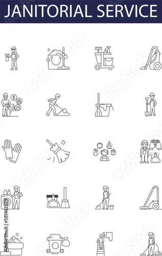 Janitorial service line vector icons and signs. Janitorial, Hygiene, Sanitation, Washroom, Furniture, Upholstery, Office, Floor outline vector illustration set