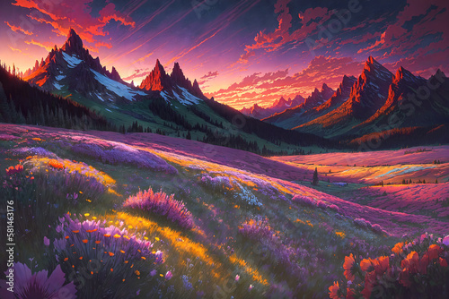 Lush rolling hills covered in flowers  framed by a snowy mountain range lit up at sunset. Generative AI.