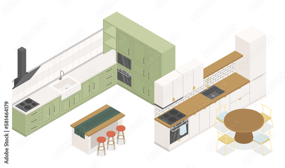 Finished kitchen design - modern vector colorful isometric illustrations set