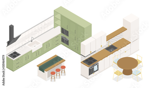 Finished kitchen design - modern vector colorful isometric illustrations set