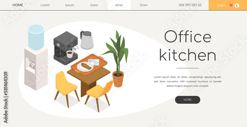 Office kitchen - modern vector colorful isometric web banner