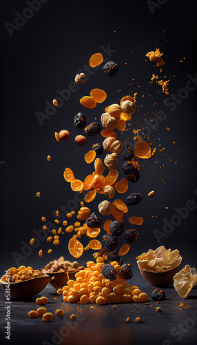 Group of Dry Golden Berries Fruit Creatively Falling-Dripping Flying or Splashing on Black Background AI Generative