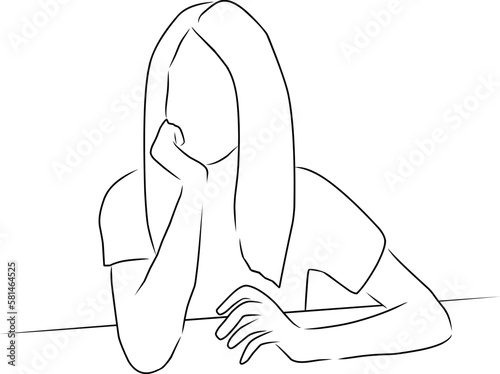 Woman sits at the table and dreams, vector. Hand drawn sketch. A woman sits at a table resting her head on her hand and dreams, thinks.