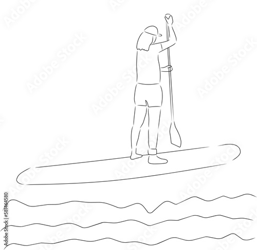 Woman standing on sup board, vector. Hand drawn sketch. A woman in a cap, shorts and a t-shirt stands on a SUP board with a paddle.