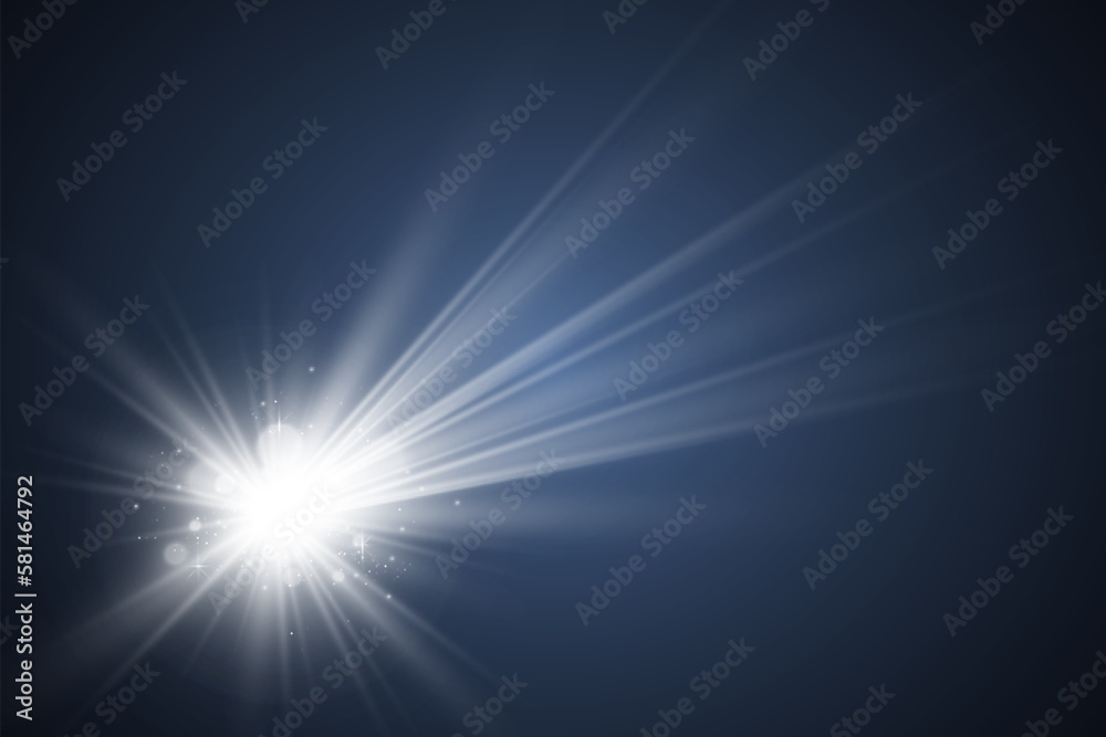 	
Special lens flash, light effect. The flash flashes rays and searchlight. illust.White glowing light. Beautiful star Light from the rays. The sun is backlit. Bright beautiful star. Sunlight. Glare.	