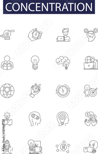 Concentration line vector icons and signs. Attention, Intensity, Study, Clarity, Single-mindedness, Resolution, Meditation, Resolve outline vector illustration set