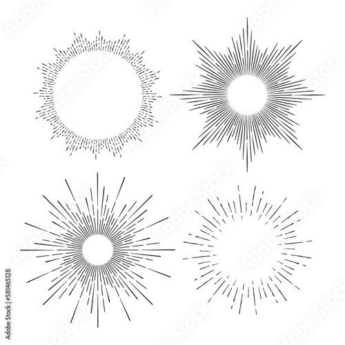 Hand drawn set of sunburst etching style frame rays vector illustration