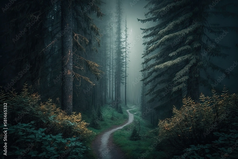 the grand evergreen forest's pathway. enigmatic fog Pine, spruce, and fir trees. Lovely summertime scene. ecology, environmental protection, and nature. gloomy, moody scenery sweeping panorama the grand evergreen forest's pathway. enigmatic fog Pine, spruce, and fir trees. Lovely summertime scene. ecology, environmental protection, and nature. gloomy, moody scenery sweeping panorama