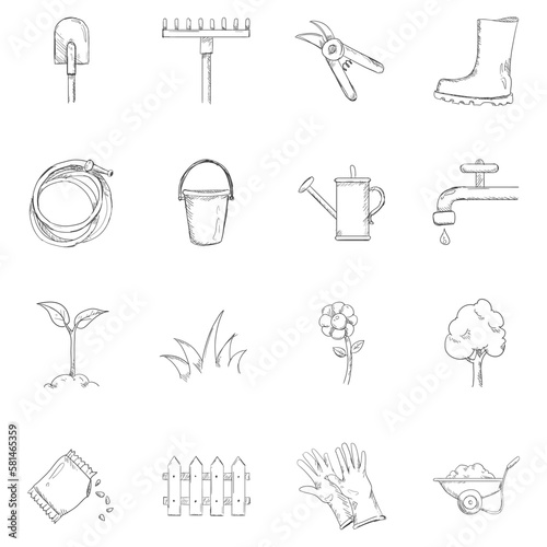Sketch Garden Icons. Vector Set of Gardening Tools and Plants