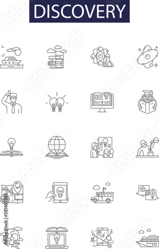 Discovery line vector icons and signs. Locate, Uncover, Discover, Identify, Unearth, Realize, Spot, Invent outline vector illustration set
