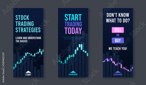 Social media post set for trading schools and courses. Template design collection with candle stick chart graphs and editable text. Vector background with trendy illustrations and neon colors photo