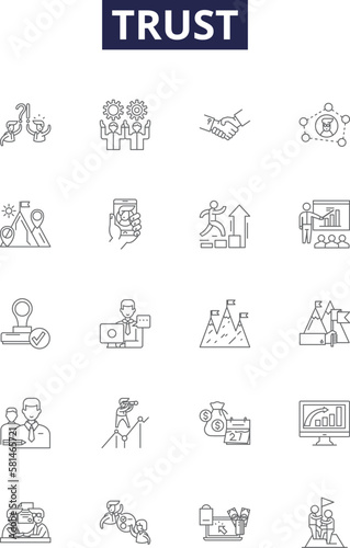 Trust line vector icons and signs. Loyalty, Credence, Credibility, Assurance, Depend, Faith, Certainty, Veracity outline vector illustration set