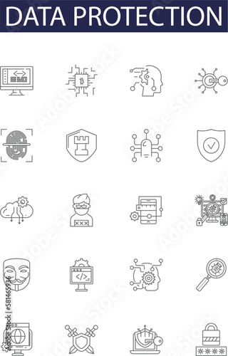 Data protection line vector icons and signs. Security, Encryption, Safeguarding, Compliance, Shielding, Backing-up, Retention, Monitoring outline vector illustration set