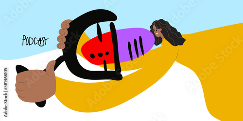 Young cheerful girl holding and speaking to mic, broadcaster at workspace isolated cartoon character. Popular blogger influencer making podcast story. Social media concept.