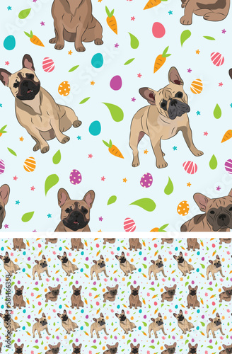 Fototapeta Naklejka Na Ścianę i Meble -  Happy Easter seamless pattern with flowers, leaves, carrot, eggs and French Bulldog dog, seasonal design background. Holiday present, spring fresh design, pastel colors, flat style. Colorful, motley. 