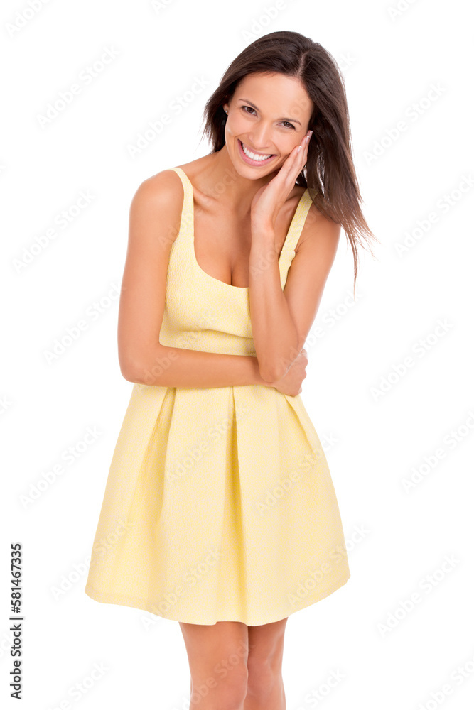 What could be more feminine than a summer dress. Studio portrait of a beautiful young woman posing in a yellow dress.