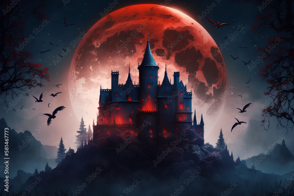 Aesthetic fantasy castle in forest at moonlit night, bats and foggy environment, digital illustration artwork.