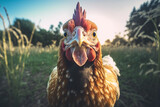 The chicken looks curious as it discovers the hidden camera in the outdoors. Beautiful natural animal portrait with selective focus and faded vintage effect. Made with generative AI.