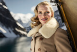 A beautiful blonde woman in a retro coat standing on a ship against the backdrop of snowy mountains in the Fjord. Fashion of the 40s of the 20th century. Photorealistic drawing generative AI.