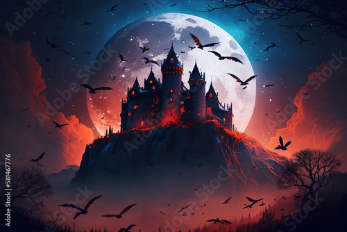 Valokuva Aesthetic fantasy castle in forest at moonlit night, bats and foggy environment, digital illustration artwork