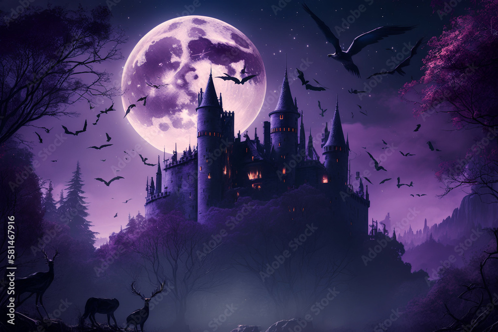 Aesthetic fantasy castle in forest at moonlit night, bats and foggy environment, digital illustration artwork.