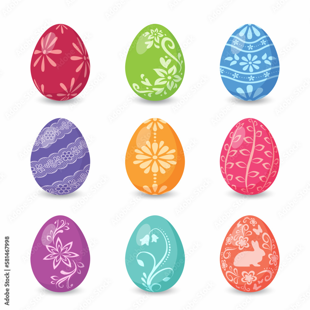 A set of colorful easter eggs with different designs. A set of colorful easter eggs with different designs.