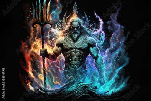 An illustration of Poseidon, the Greek god of the seas, or Neptune for the Romans, with the trident and the crown in colorful flames. Generative ai photo