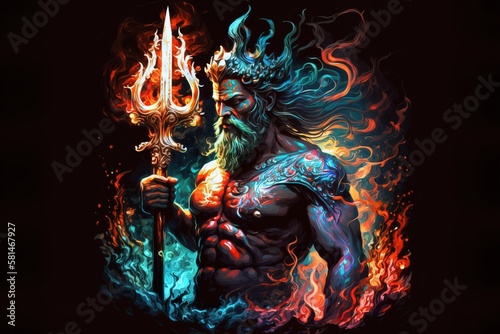 An illustration of Poseidon, the Greek god of the seas, or Neptune for the Romans, with the trident and the crown in colorful flames. Generative ai