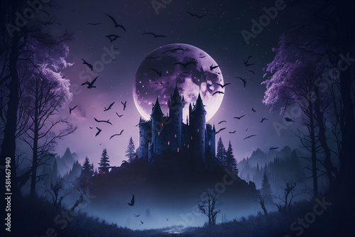 Aesthetic fantasy castle in forest at moonlit night, bats and foggy environment, digital illustration artwork.