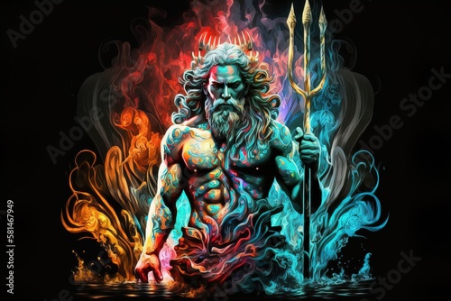An illustration of Poseidon, the Greek god of the seas, or Neptune for the Romans, with the trident and the crown in colorful flames. Generative ai
