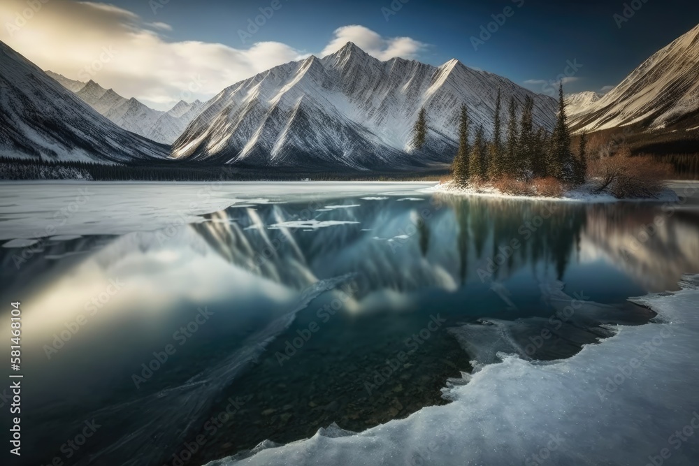 Jasper National Park's Pyramid Lake on a chilly winter morning. Generative AI