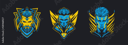 Ukrainian warrior sticker set, yellow and blue defender face emblems, UA soldier head with trident Ukraine symbol, creative art, modern logo, contemporary label, emblem design. Vector illustration photo