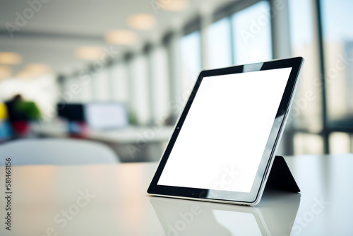 Tablet computer with Blank screen on a blurred office background. Generative AI illustration