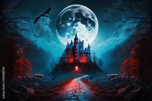Fantasy castle in the moonlight night landscape background, Digital Illustration artwork.
