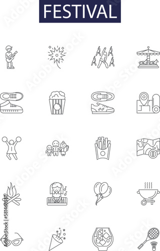 Festival line vector icons and signs. gather, gaiety, carnival, jubilee, fete, muster, fair, festivity outline vector illustration set