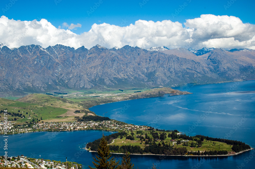 Lake Wakatipu and Queenstown aerial view, the Remarkables mountains in the background