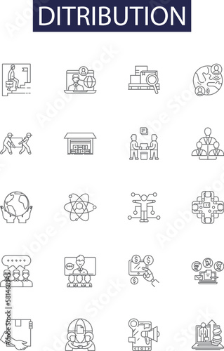 Ditribution line vector icons and signs. Circulate, Spread, Disseminate, Allocate, Disburse, Diffuse, Mete, Partition outline vector illustration set