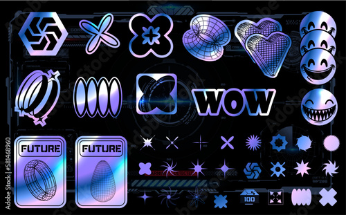 Vintage holographic y2k styled sticker and graphic elements. Modern 90s style abstract iridescent shape background collection. Isolated vector illustration