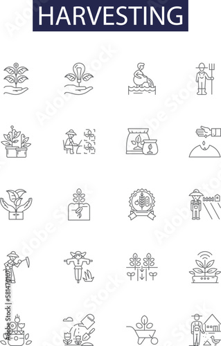 Harvesting line vector icons and signs. Reap, Crop, Collect, Pluck, Winnow, Pick, Cull, Harvesting outline vector illustration set