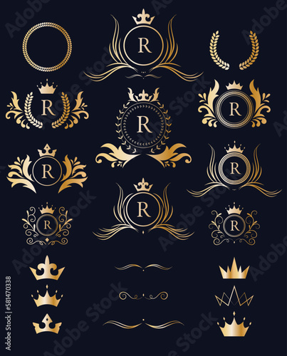 Victorian royal brand logo design collection. Classic luxury logotype. Elegant logo with crown set.