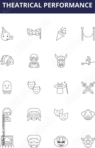Theatrical performance line vector icons and signs. Show, Drama, Comedy, Act, Skit, Stint, Scene, Rehearsal outline vector illustration set