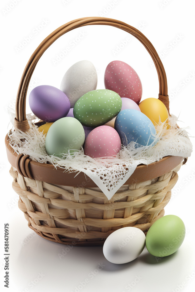 Naklejka premium Frohe Ostern, Ostereier im Korb, weißer Hintergrund