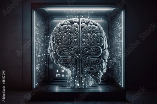Generative AI illustration of glass cube with head and neurons photo
