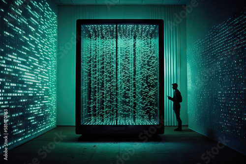 Generative AI illustration of anonymous person in server room