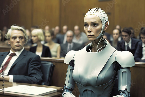 Generative AI illustration of serious woman robot listening deal in court photo