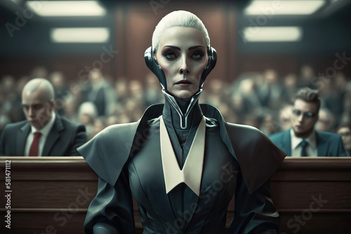 Generative AI illustration of futuristic woman lawyer in court photo