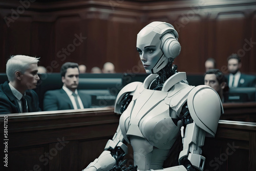 Generative AI illustration of serious woman robot listening deal in court photo