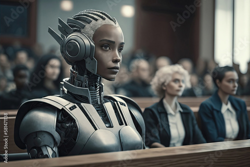 Generative AI illustration of confident woman robot in court photo