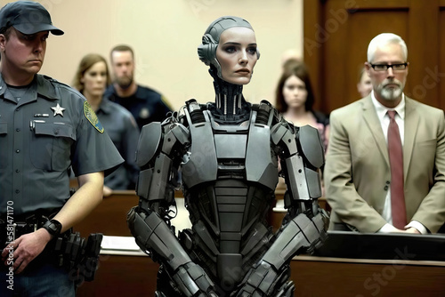 Generative AI illustration of pensive woman robot standing in court near crowd photo